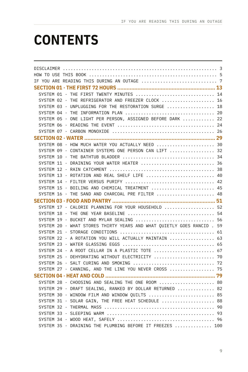 The table of contents, showing numbered systems with page references