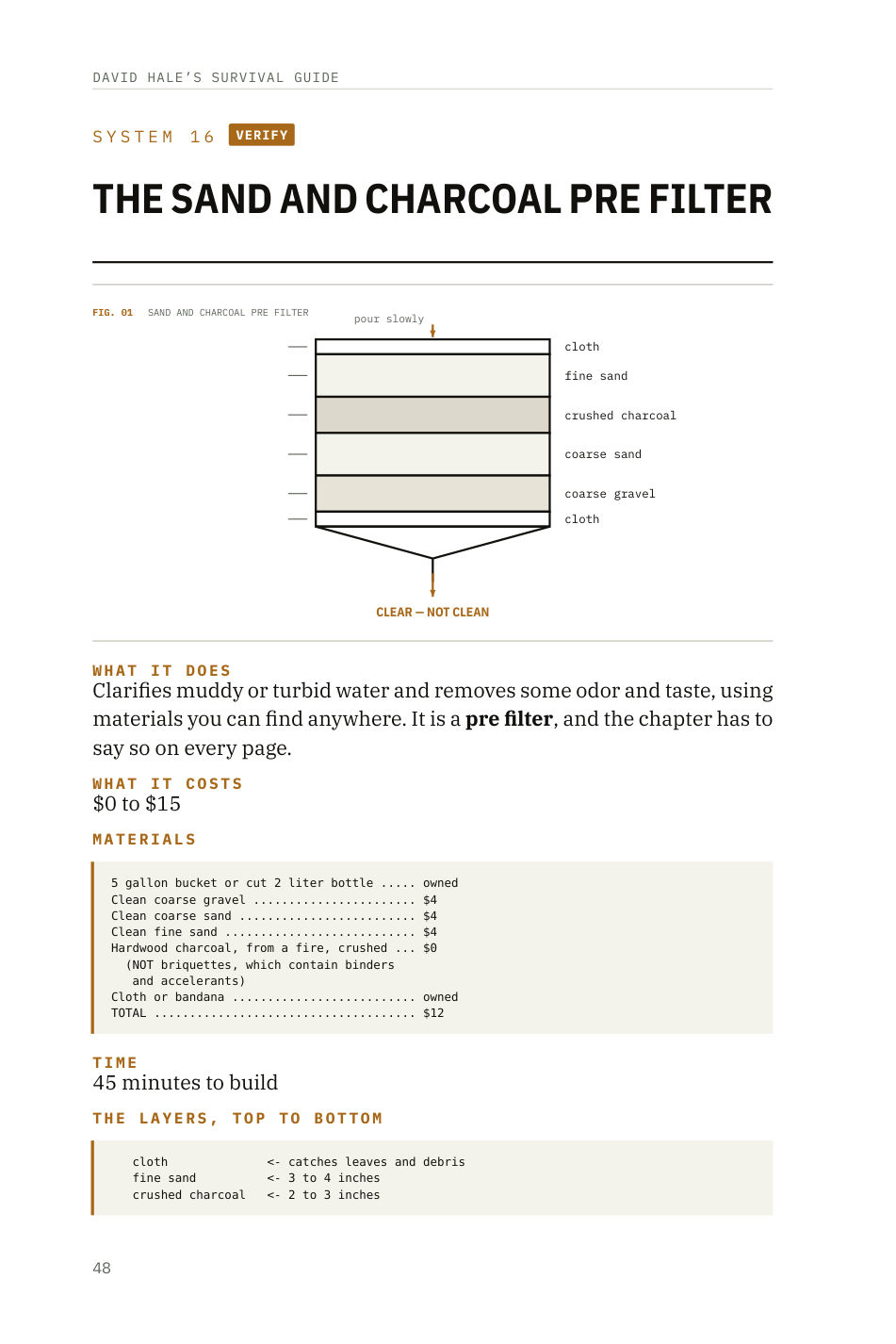 System 16, the sand and charcoal pre filter, with its layer diagram